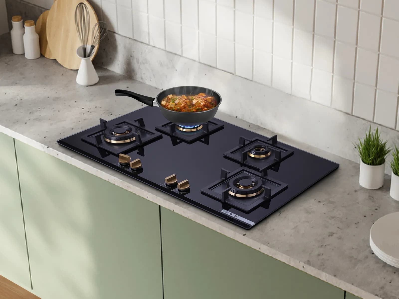 Bosch black glass four-burner built-in gas hob
