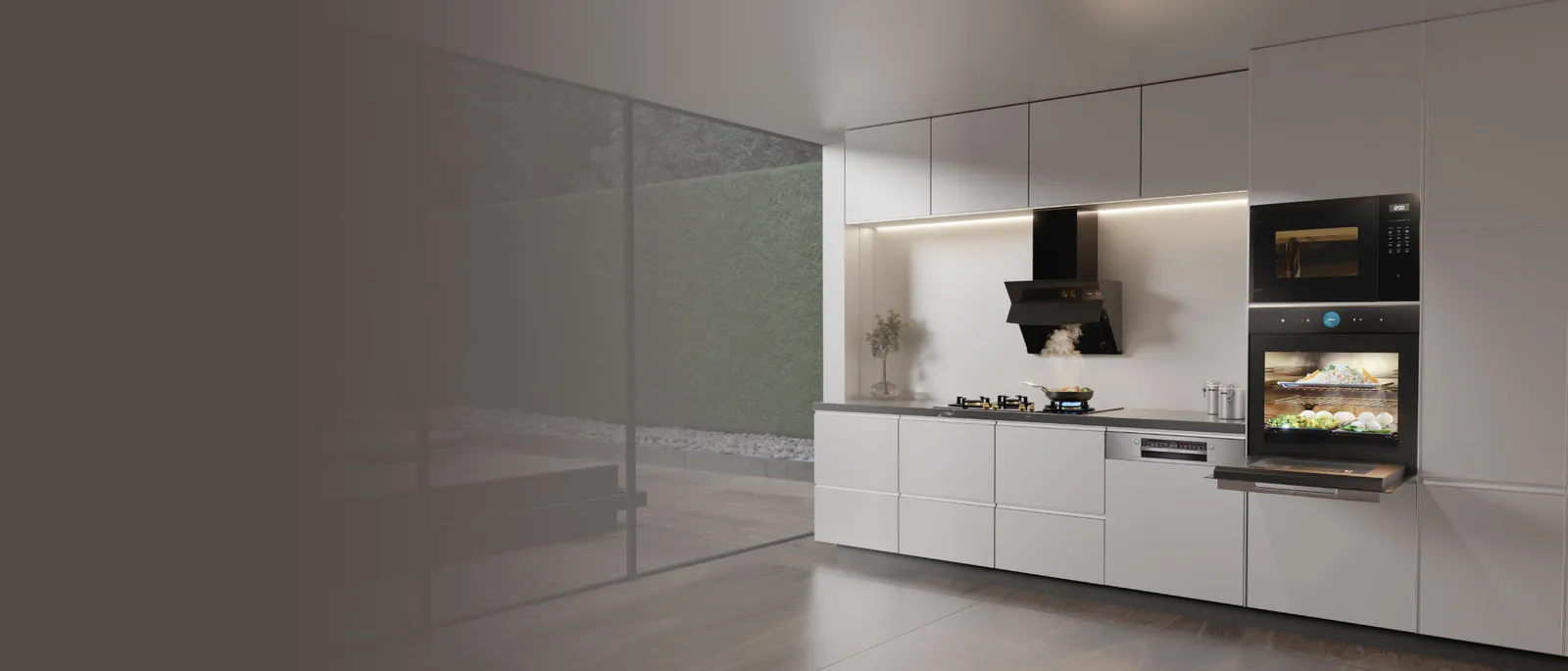 Bosch built-in kitchen with chimney, gas hob, built-in dishwasher, microwave and oven