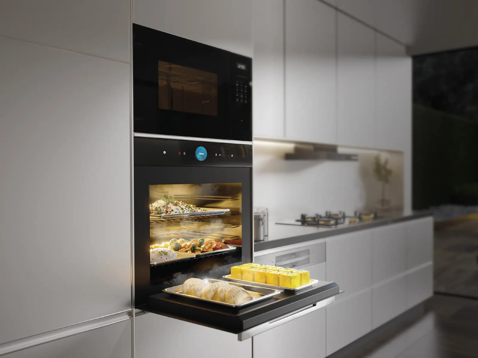 Bosch built-in microwave stacked above a Bosch steam oven