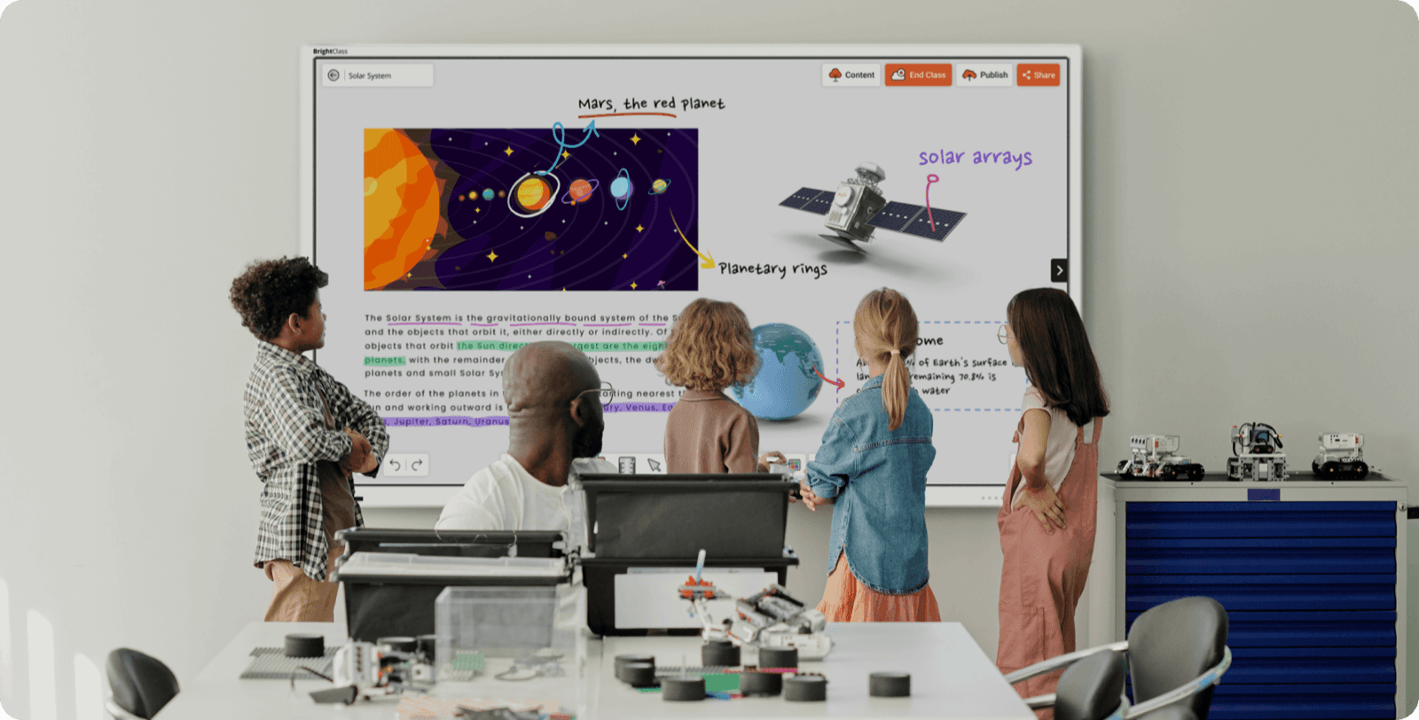 Cybernetyx EyeRIS AI interactive panel running BrightClass in a classroom