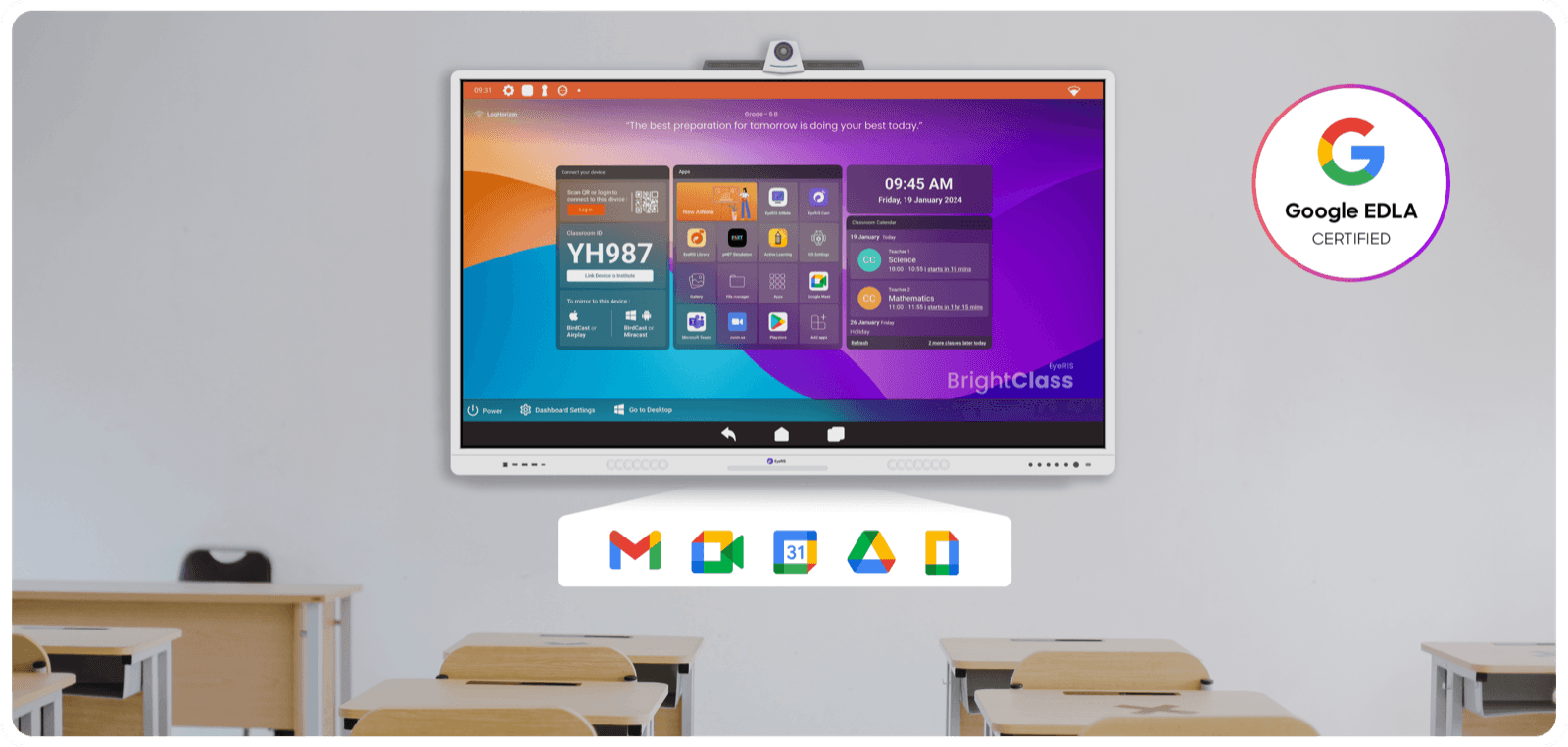 EyeRIS A20e Google EDLA certified panel showing the BrightClass home screen